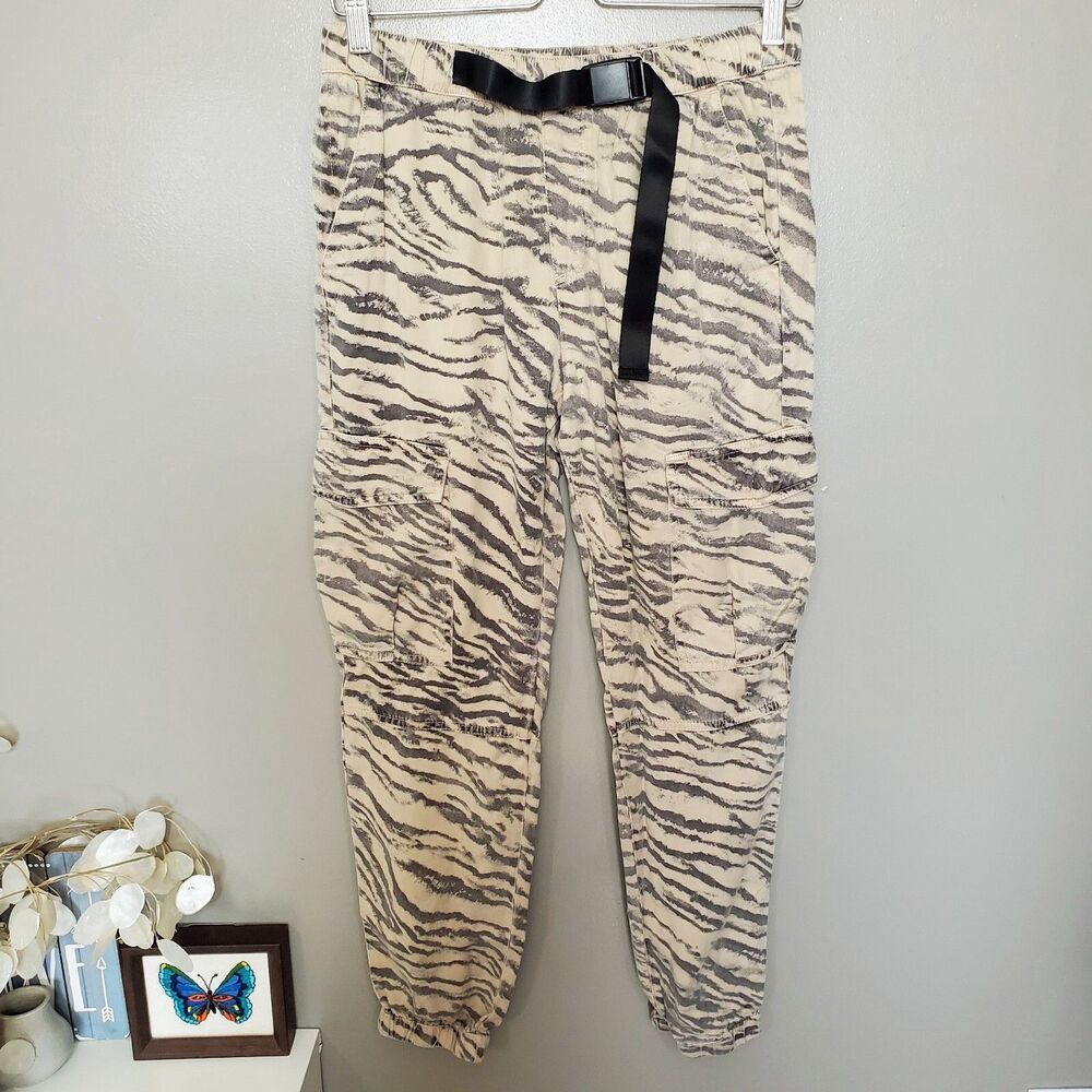Pam & Gela Jogger Pants Womens Size Small Tiger Stripe Elastic Waist Cargo Brown - Picture 2 of 12